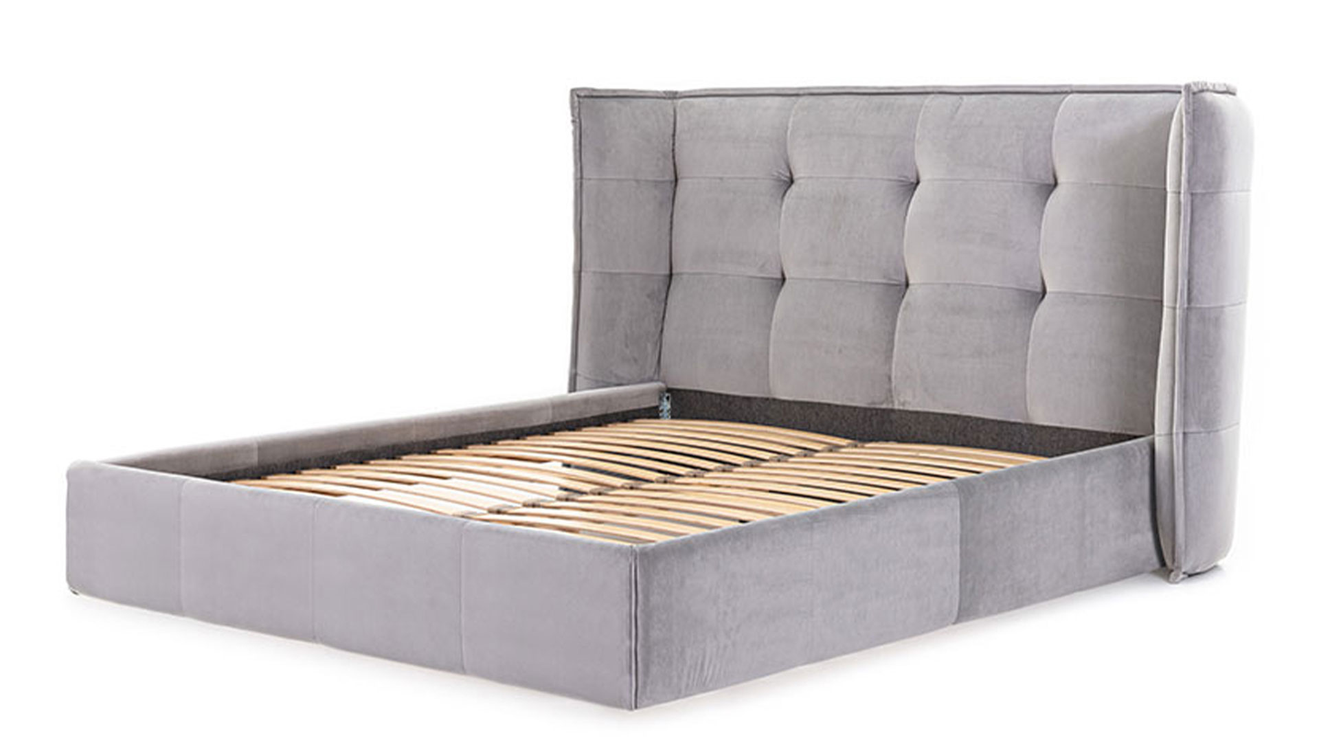 Łóżko tapicerowane szare, szerokie wezgłowie z pikowaniem Manhattan